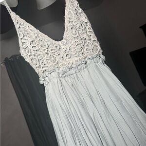 Elegant Lace Top Maxi Dress in Cream and Gray